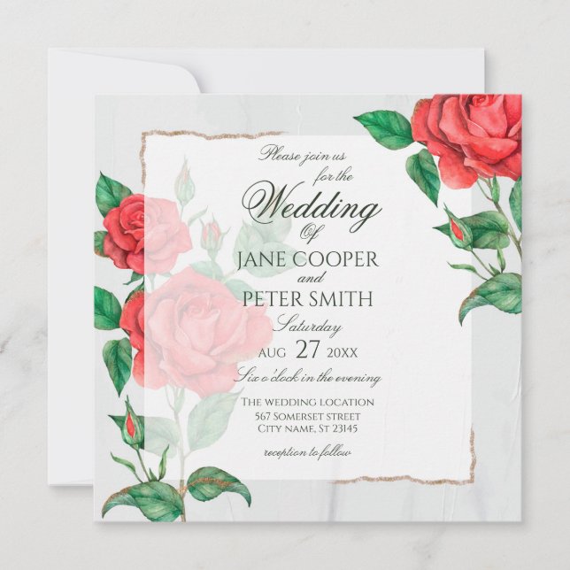 Convite Red Roses floral Wedding Invitation (Frente)