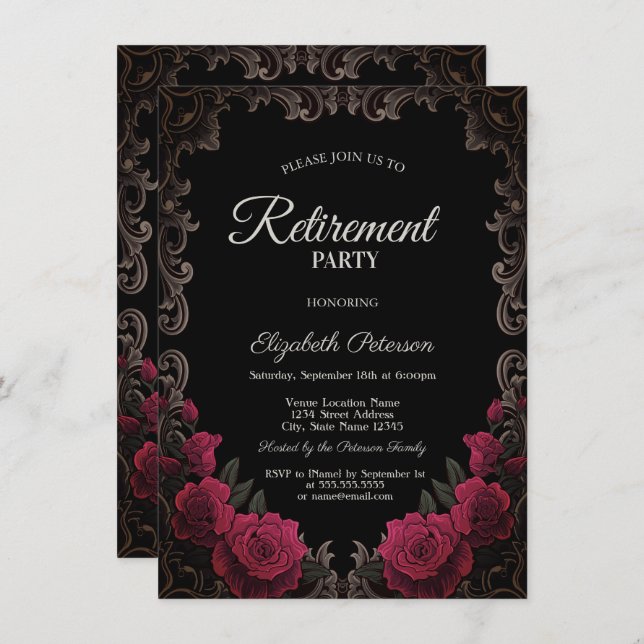 Convite Red Roses Gothic Frame Black Retirement Party (Frente/Verso)