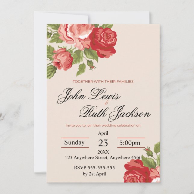 Convite Red Roses Script Wedding Invitation | Elegant Roma (Frente)