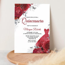 Red Roses Silver Gown Quinceanera