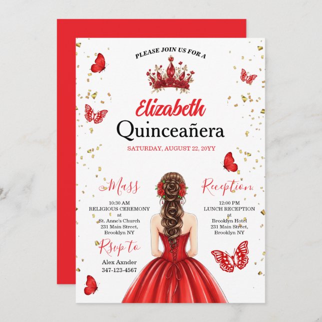 Convite Red Royal Butterfly Quinceañera Invitation (Frente/Verso)
