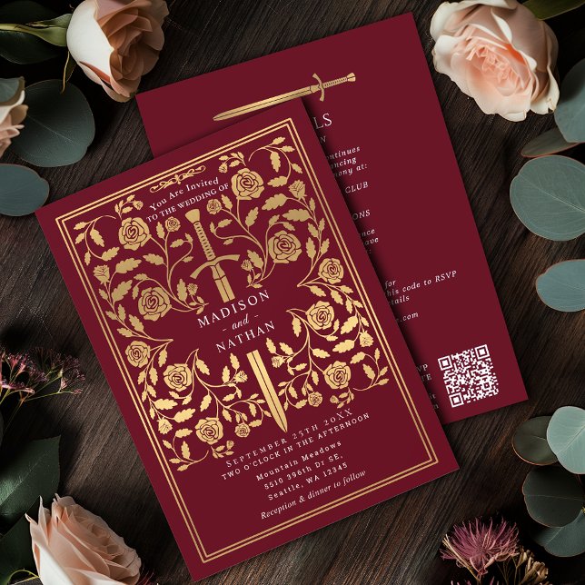 Convite Red Royal Medieval Gold Sword Wedding QR Code (Criador carregado)