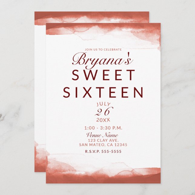 Convite Red Rust Clay Modern Chic Sweet 16 Party (Frente/Verso)