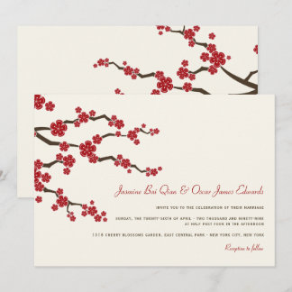 Convite Red Sakura Cherry Blossoms Moderno Casamento Asiát