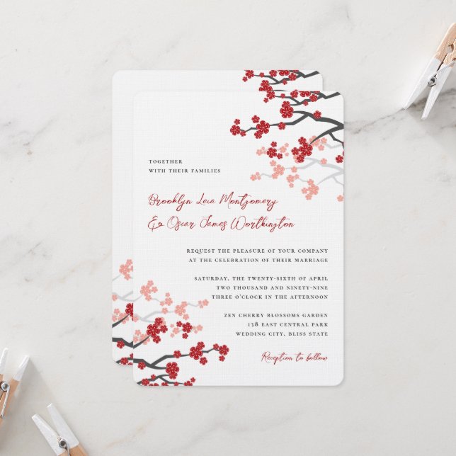 Convite Red Sakura Flowers Cherry Blossoms Casamento Asiát (Frente/Verso In Situ)
