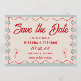 Convite Red Script Blue Lines Retro QR Code Save the Date