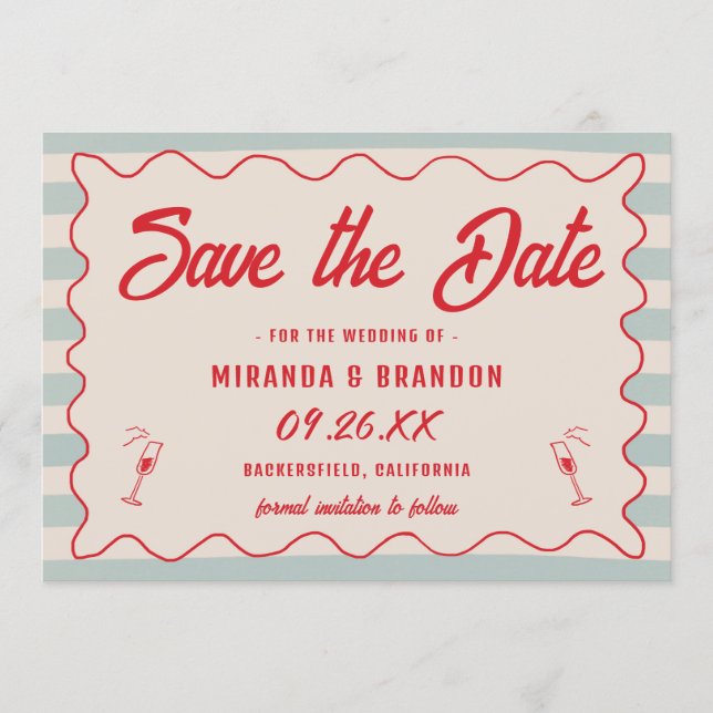 Convite Red Script Blue Lines Retro QR Code Save the Date (Frente)