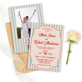 Convite Red Script Blue Stripe Retro QR Code Photo Wedding