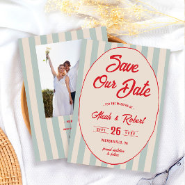 Convite Red Script Blue Stripe Vintage Retro Save the Date