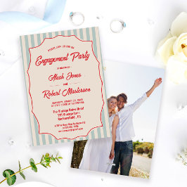 Convite Red Script Blue Stripes Retro Photo Engagement