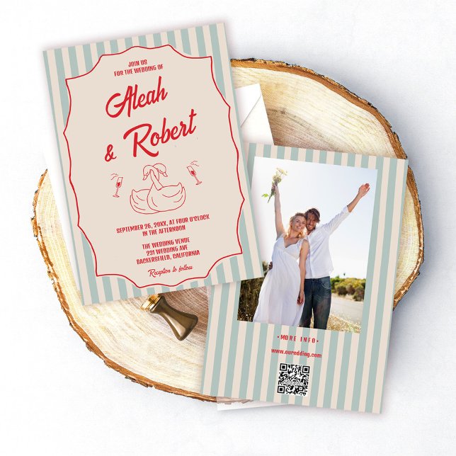 Convite Red Script Blue Stripes Retro Photo Wedding (Criador carregado)