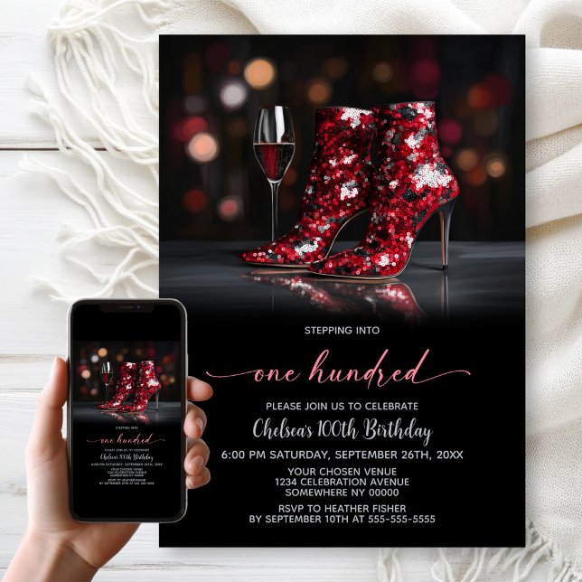Convite Red Sequin Boots 100th Birthday Party (Criador carregado)