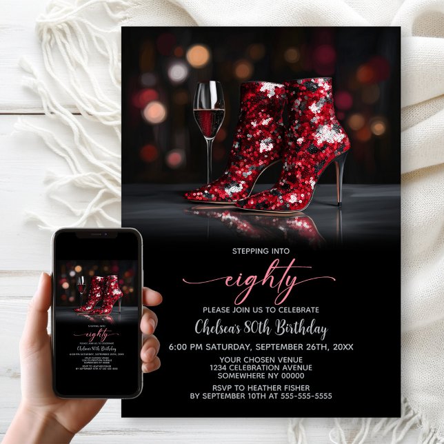 Convite Red Sequin Boots 80th Birthday Party (Criador carregado)