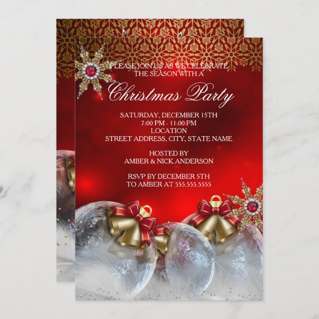 Convite Red Silver Dourado Holly Baubles Festa de Natal no (Frente/Verso)