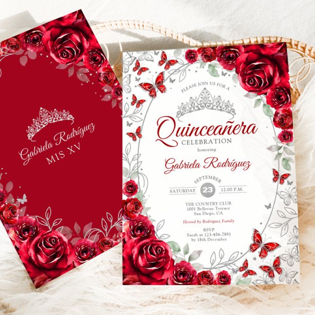 Convite Red Silver Floral Quinceanera (Criador carregado)