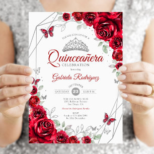 Convite Red Silver Floral Quinceanera