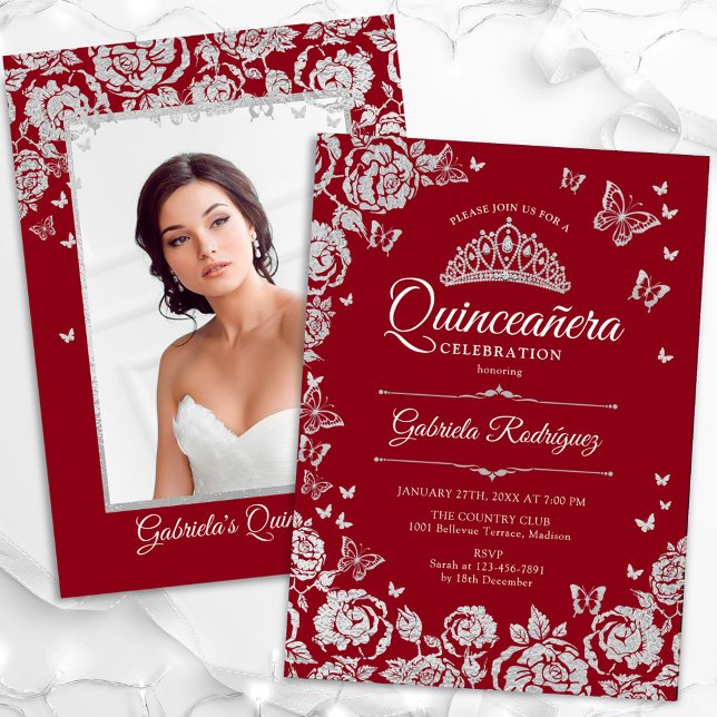 Convite Red Silver Rosa Borboletas Quinceanera Foto (Criador carregado)