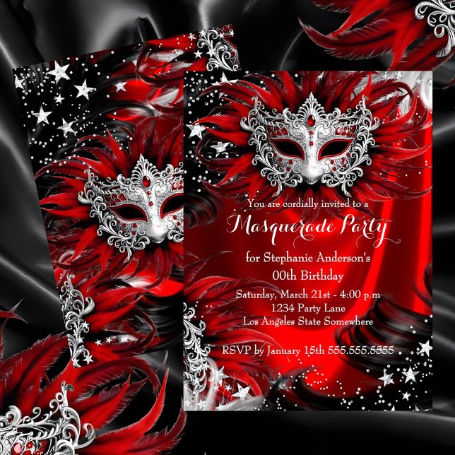 Convite Red Silver Sparkle Magical Night Masquerade Party (Criador carregado)