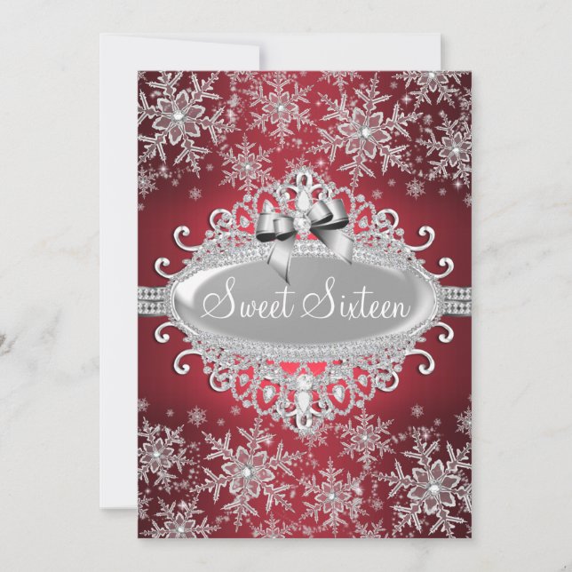 Convite Red Silver Sparkle Snowflake Sweet 16 Invite (Frente)