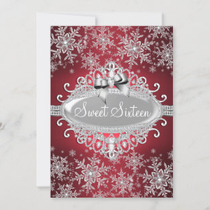 Convite Red Silver Sparkle Snowflake Sweet 16 Invite