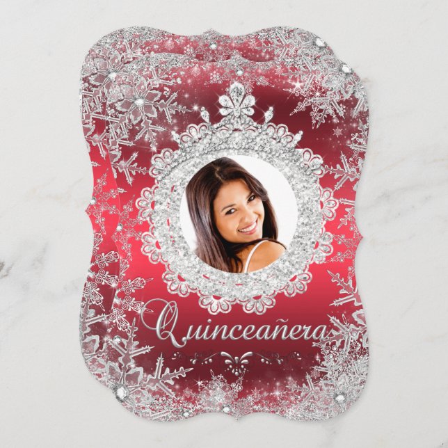 Convite Red Silver Tiara Snowflakle Quinceanera (Frente/Verso)