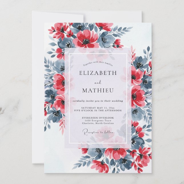 Convite Red Slate Blue Dramatic Floral Wedding (Frente)