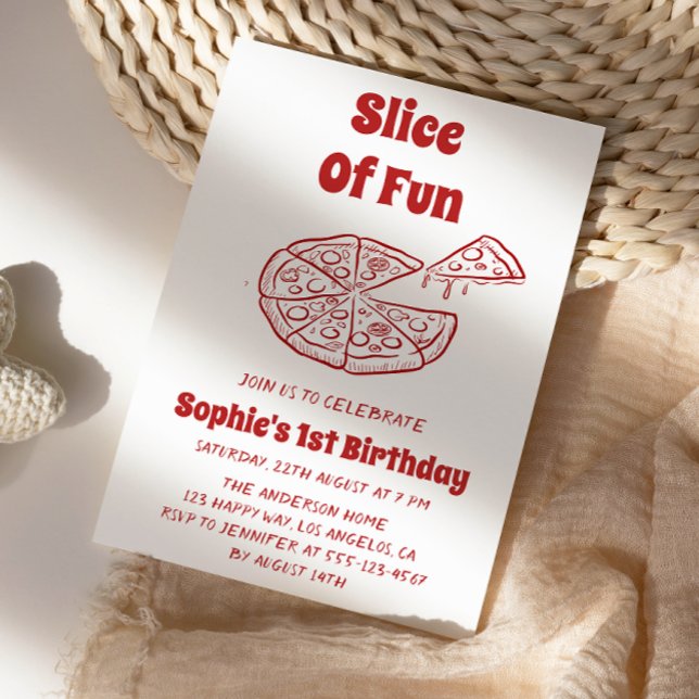 Convite Red Slice of Fun Pizza First Birthday Party   (Criador carregado)