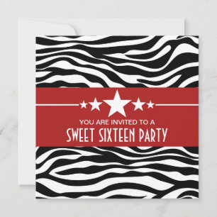 Convite Red Stars Zebra Print Sweet 16 Invite