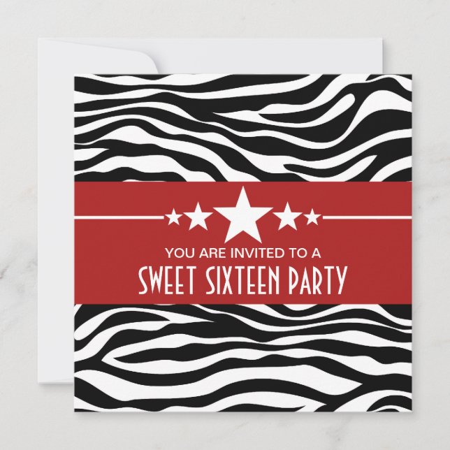 Convite Red Stars Zebra Print Sweet 16 Invite (Frente)