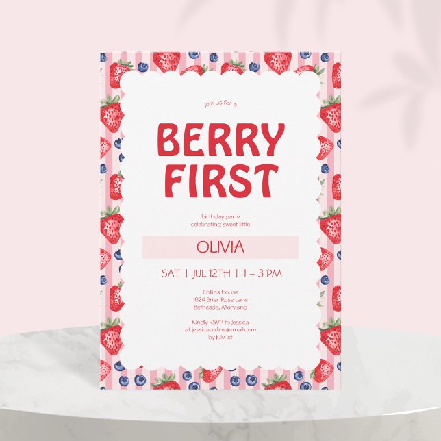 Convite Red Strawberry Berry First primeiro aniversario Pa (Red Strawberries Berry First 1st Birthday Party Invitation)
