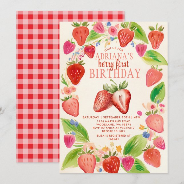 Convite Red Strawberry Gingham Berry Sweet Birthday (Frente/Verso)