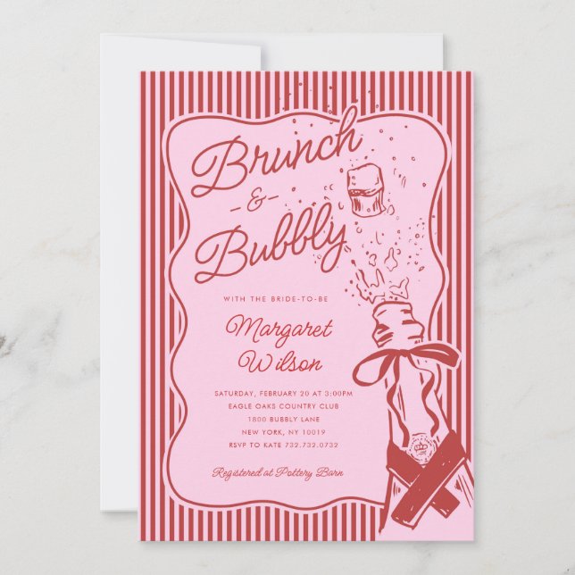 Convite Red Stripe Bow Brunch and Bubbly Bridal Shower (Frente)