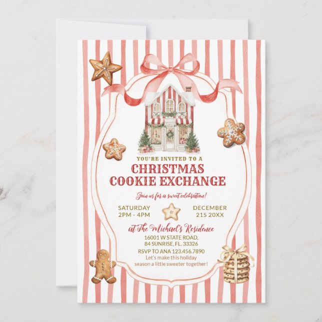 Convite Red Stripes Bow Gingerbread House Cookies Exchange (Frente)