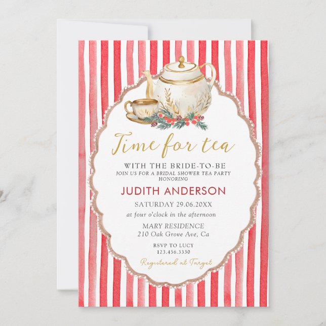 Convite Red Stripes Christmas Tea Party Bridal Shower  (Frente)