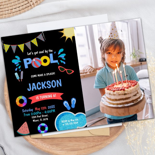 Convite Red Sunglass Piscina Invasões de Aniversário com f (Red Sunglass Pool Birthday Invitations w photo)