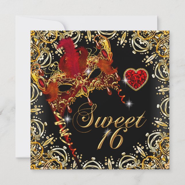 Convite Red Sweet XVI Sweet 16 Mascarada Dourado (Frente)