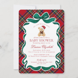 Convite Red Tartan Plaid Christmas Bear Baby Shower