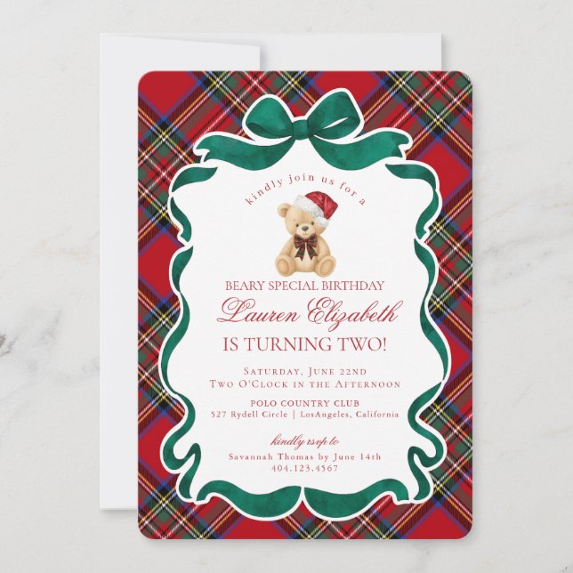 Convite Red Tartan Plaid Christmas Bear Birthday (Frente)