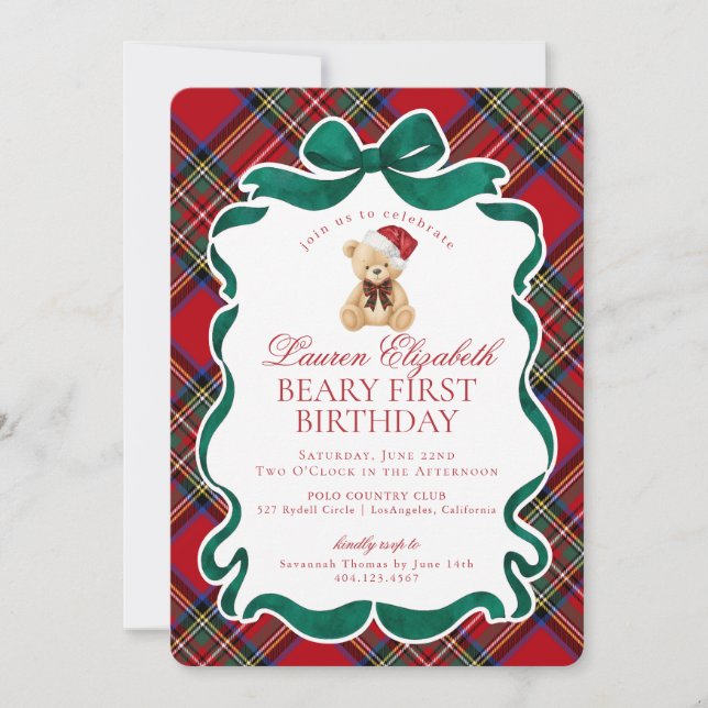 Convite Red Tartan Plaid Christmas Beary First Birthday (Frente)