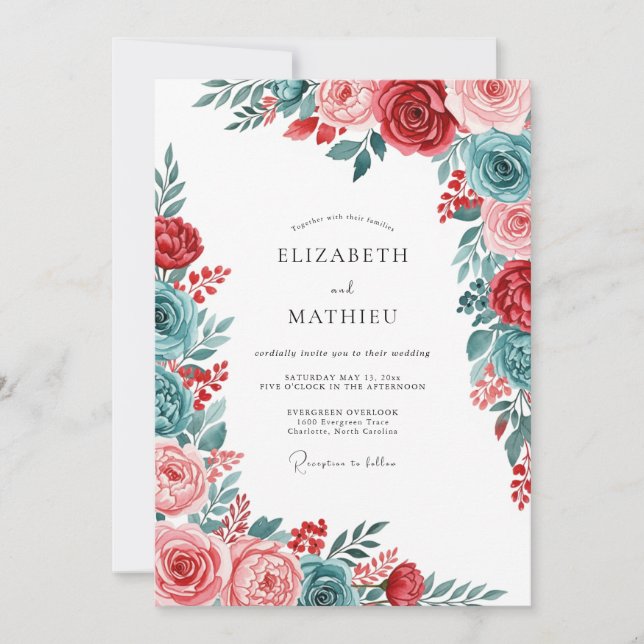 Convite Red Teal Gracious Botanical Wedding (Frente)