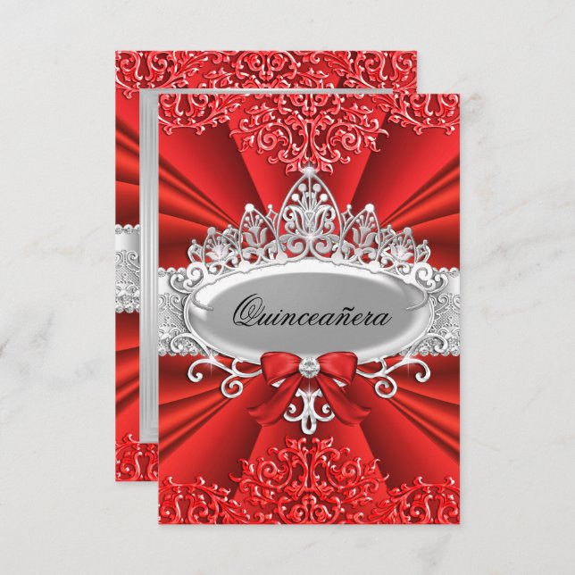 Convite Red Tiara & Damask Quinceanera Invite (Frente/Verso)