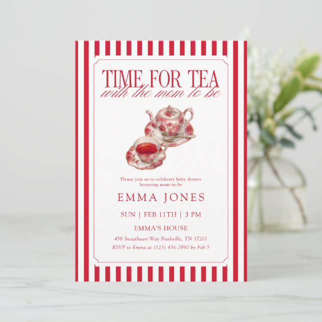 Convite Red Time for tea tea party baby shower (Em pé/Frente)