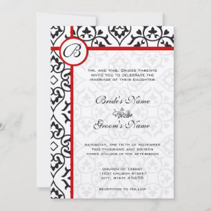 Convite Red Trim Black Heart Damask Side Border Wedding