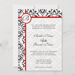 Convite Red Trim Black Heart Damask Side Border Wedding