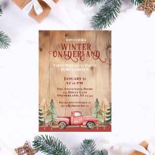 Convite Red Truck Rustic Winter Onederland Birthday