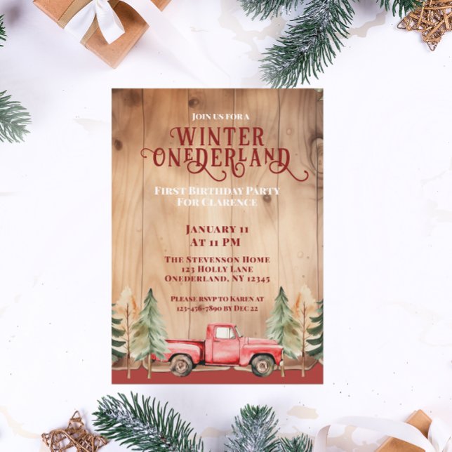 Convite Red Truck Rustic Winter Onederland Birthday (Criador carregado)