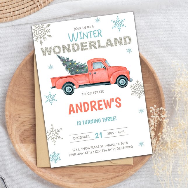 Convite Red Truck Wonderland Birthday Invances (Red Truck Wonderland Birthday Invitations)