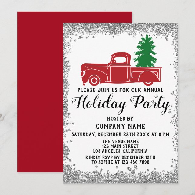 Convite Red Truck Xmas Tree Company Holiday Party Silver (Frente/Verso)