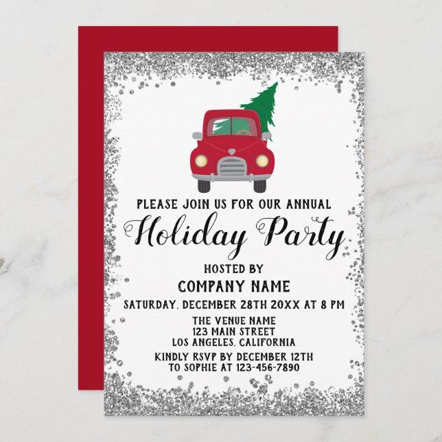 Convite Red Truck Xmas Tree Company Holiday Party Silver (Frente/Verso)