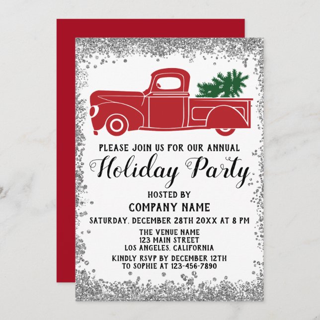Convite Red Truck Xmas Tree Company Holiday Party Silver (Frente/Verso)